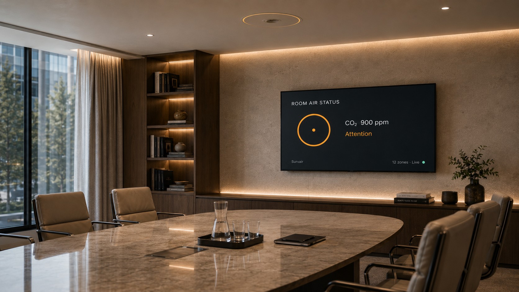 Premium boardroom with Survair ceiling diffuser showing amber attention state for elevated CO2.