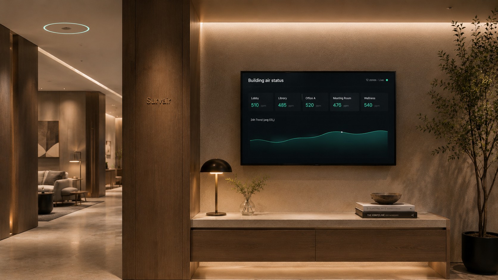 Survair building air status dashboard displayed in a warm premium lounge interior.