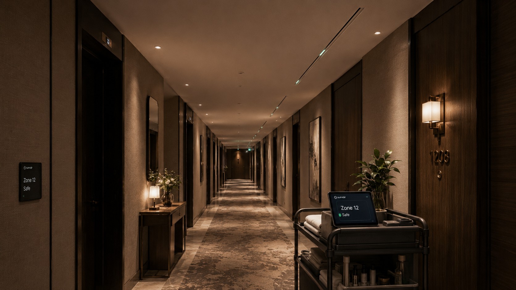 Premium hotel corridor with flush linear Survair diffusers integrated into the ceiling and subtle mint air status lines.