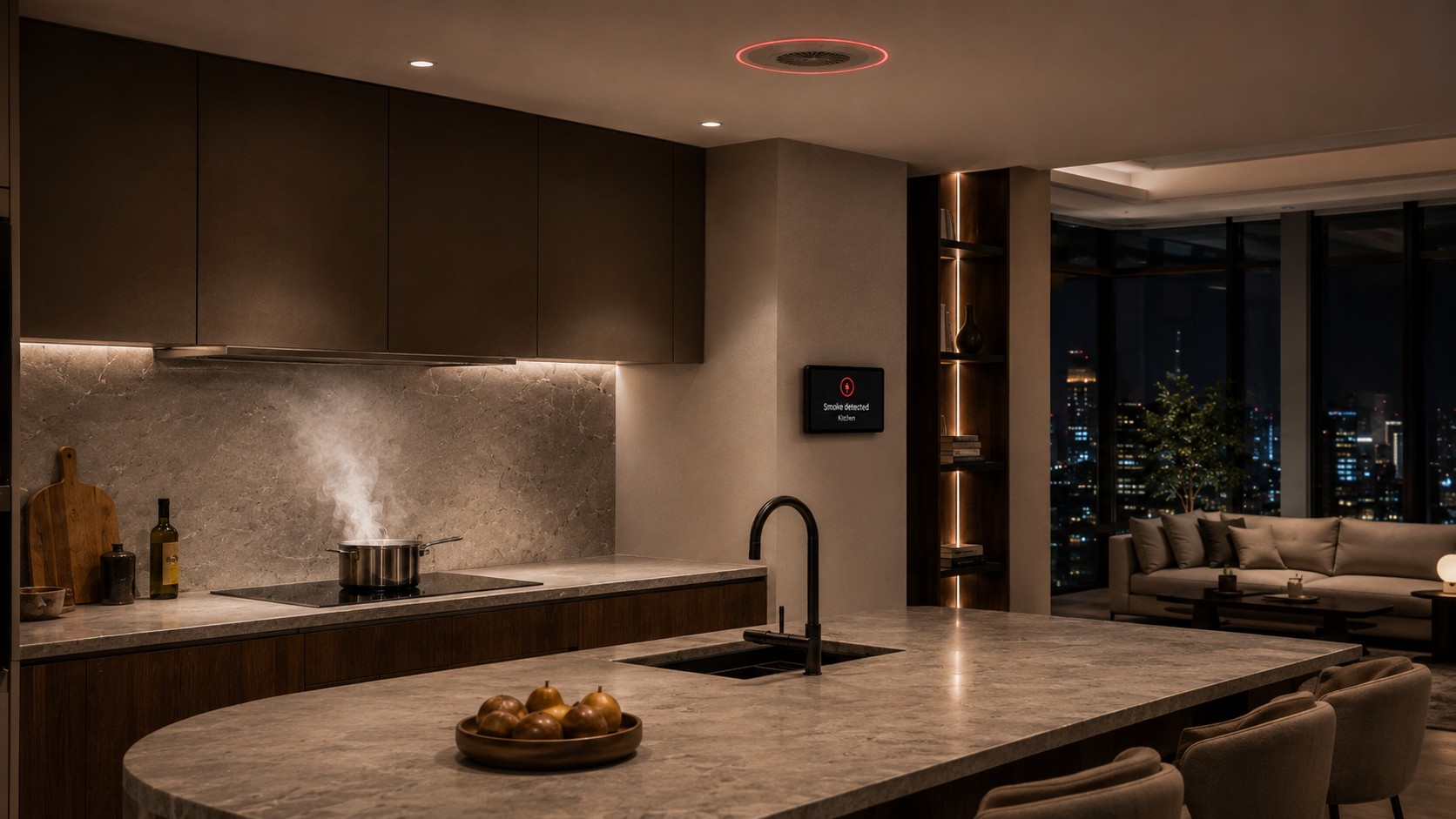 Modern kitchen with Survair ceiling diffuser showing red alert status during a smoke event.