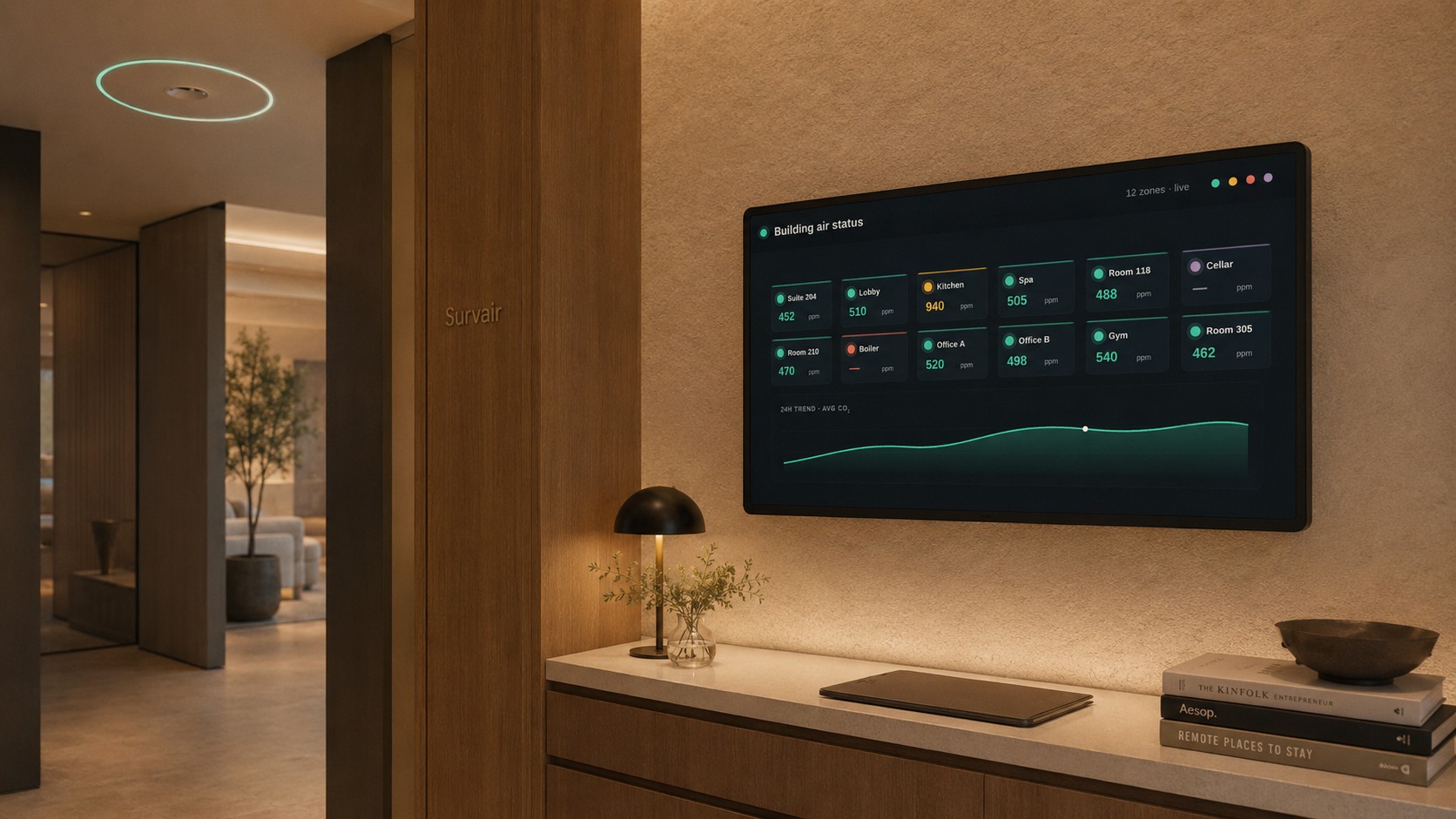 Modern office reception with Survair building air monitoring dashboard and subtle ceiling status ring.